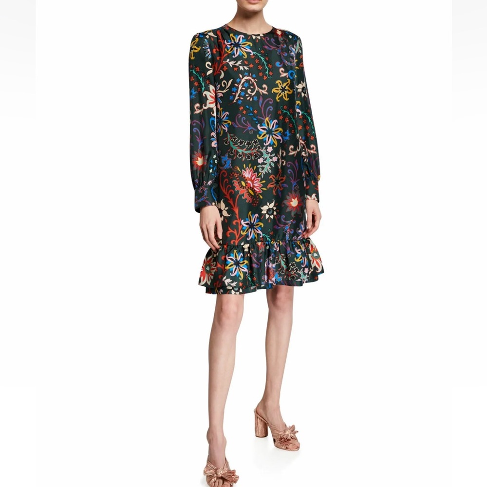 Tory Burch Printed Silk Twill Shift Dress floral ruffle long sleeves